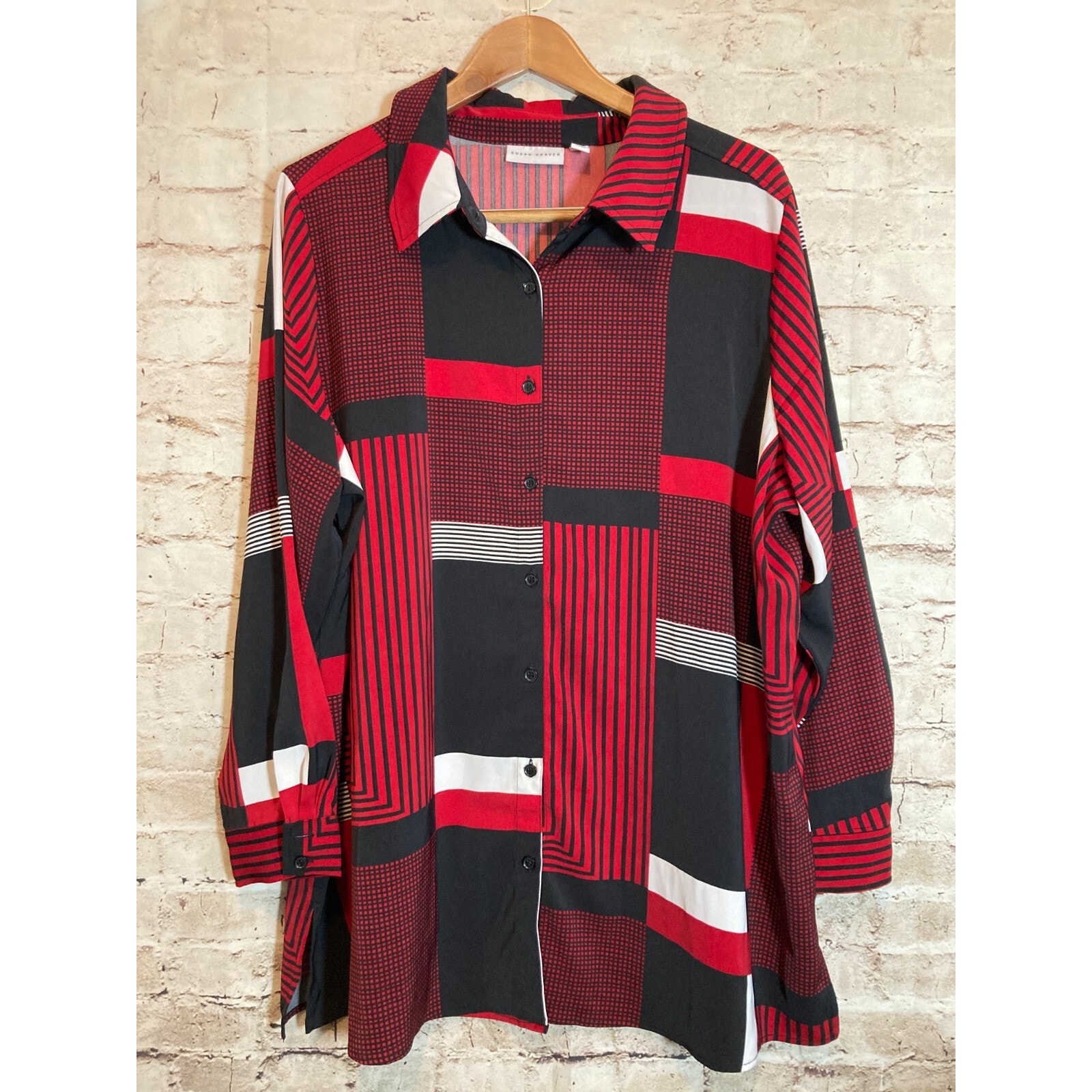 Susan Graver Top Womens 1x Liquid Knit Button Up Red Retro Checks Patchwork